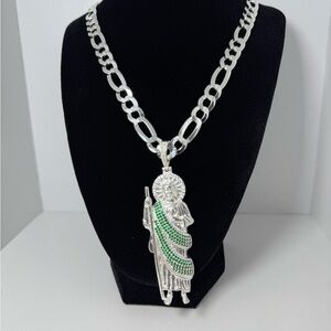 Men's Silver Necklace with Green Accented Pendant